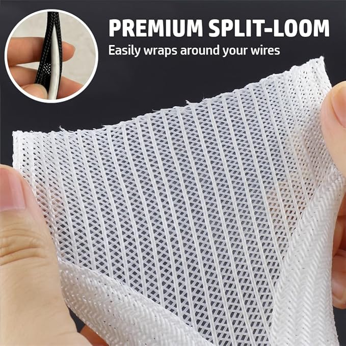 MGI SpeedWare Braided Split-Sleeve White Wire Loom for High-Temperature Automotive Harness and Home Cable Management 10 feet (1/8")