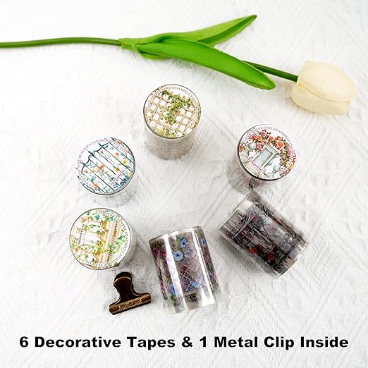 AuriicLeaf Floral Trellis PET Tape Set - 6 Rolls of Seamless Vintage Balcony & Vine Designs with 1 Metal Clip, Self-Adhesive Waterproof Decorative Tapes for Scrapbook Journal and DIY Décor