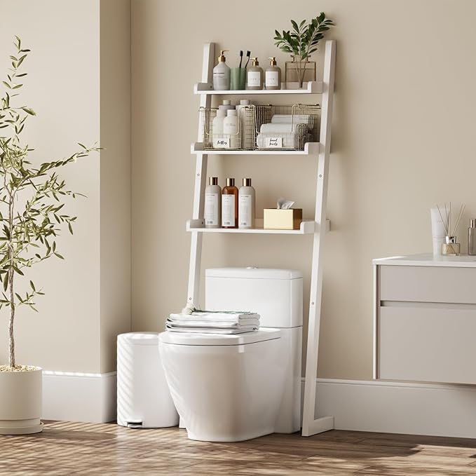 Over The Toilet Storage Shelf Wood, 3-Tier Above Toilet Organizer Rack, Freestanding Above Toilet Shelf for Bathroom, Laundry, Space Saver, White Color.