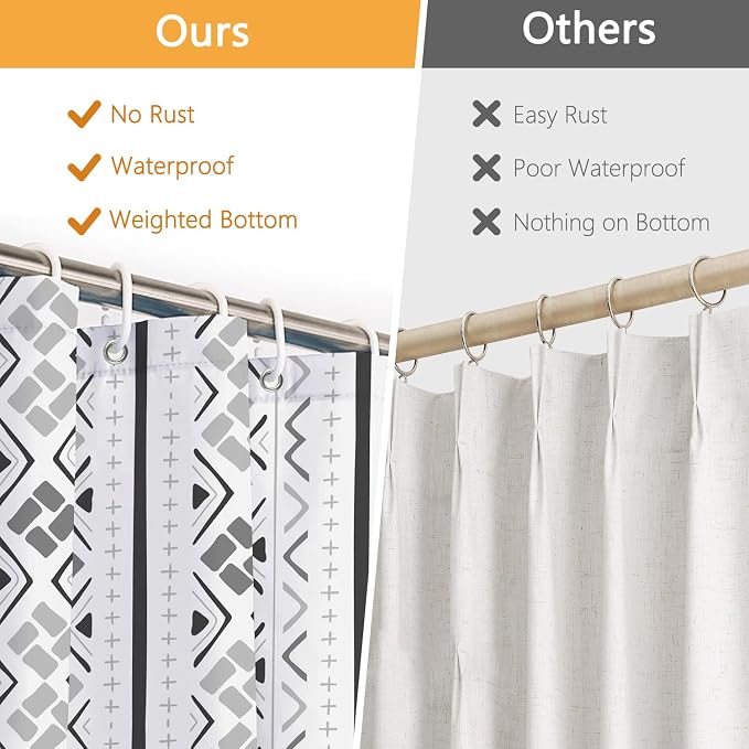 Boho Geometric Grey Shower Curtain, Modern Abstract Vertical Striped Shower Curtains for Bathroom with Hooks, Hotel Style Waterproof Fabric Shower Curtain Set, Weighted Hem, 72x72 Inches