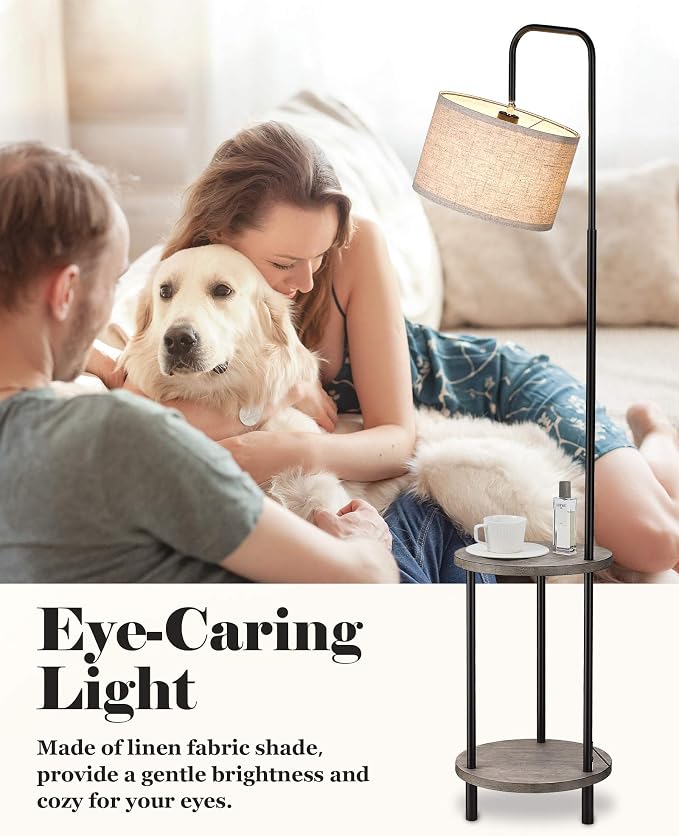 ELYONA Solid Wood Floor Lamp - Rustic Side Table Lamp for Bedroom & Living Room - Mid Century Modern Floor Lamp with 3 Color Temperatures LED Bulb - Industrial Tall Pole Reading Standing Light - Grey