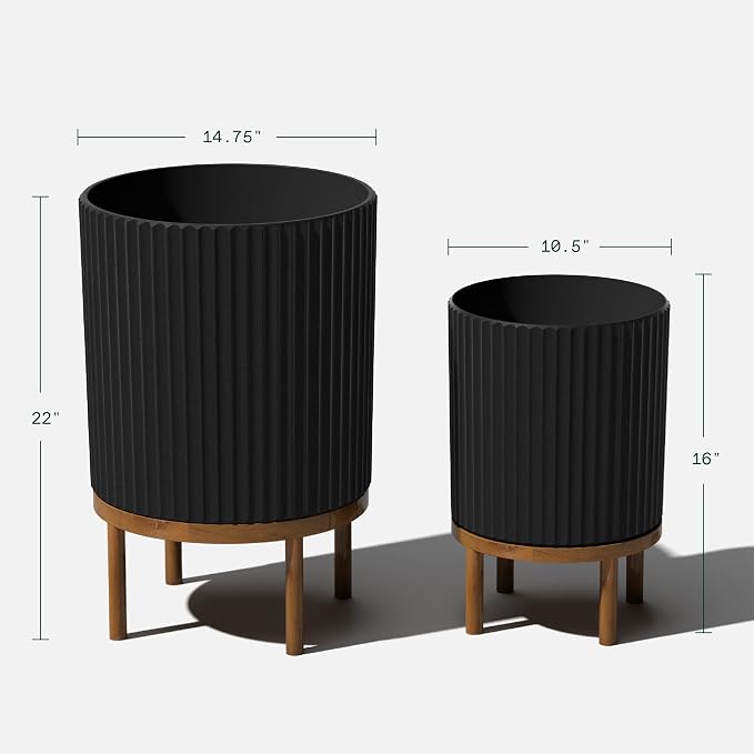 Veradek Demi Series Round Planter w/Stand for Porch/Patio | Durable Plastic-Stone Composite & Wooden Stand | Modern Décor for Tall Plants, Flowers