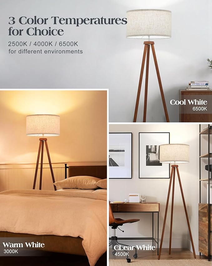 ELYONA Wood Tripod Floor Lamps with 3 Color Temperatures LED Bulb Vintage Standing Light Beige Linen Shade Tall Floor Lamp for Bedroom Living Room Office Study Room, Brown & Nickel Metal