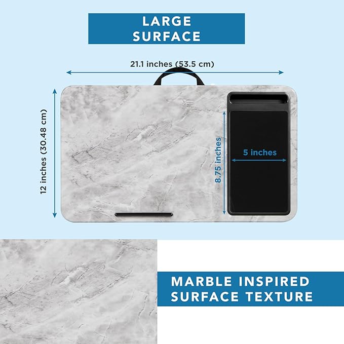 LAPGEAR Home Office Lap Desk with Device Ledge, Mouse Pad, and Phone Holder - White Marble - Fits Up To 15.6 Inch Laptops - Style No. 91501