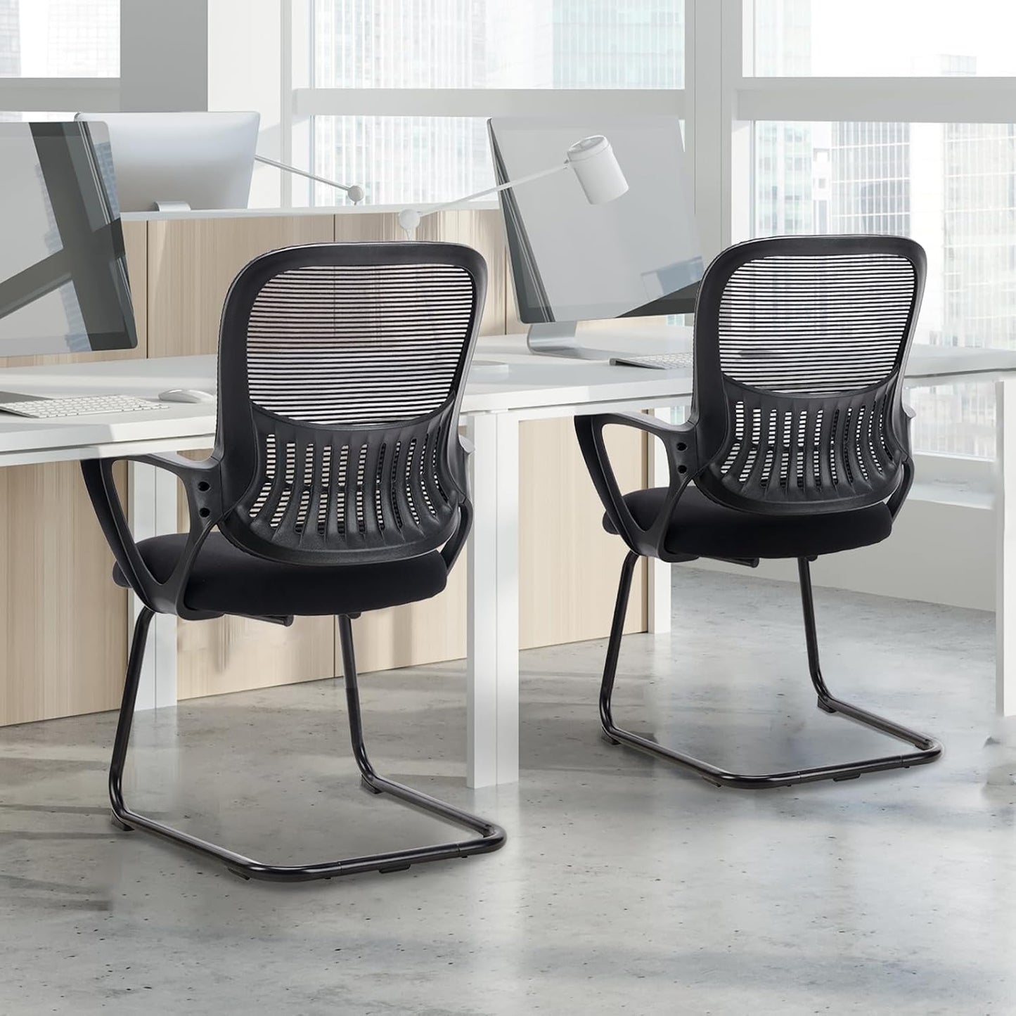 Sweetcrispy Reception Chair - Stationary Mid Back Mesh with Lumbar Support | Set of 2 in Modern Black