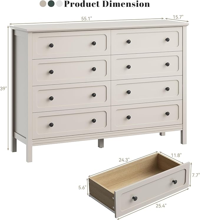 CARPETNAL Beige Dresser for Bedroom, 55" Wide 8 Drawer Dresser with Metal Handles and Deep Drawers, Modern Large Wood Chest of Drawers for Living Room, Hallway.