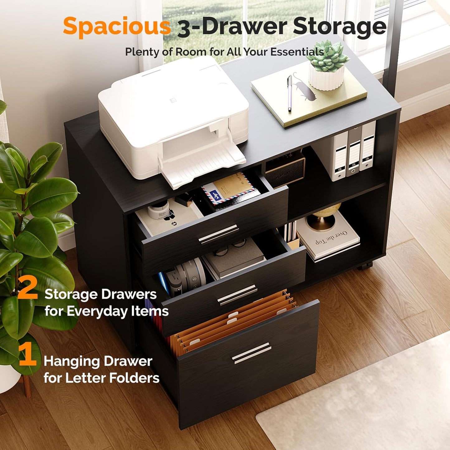 VINGLI 3 Drawer Wood Lateral File Cabinet - Adjustable Shelves & Locking Wheels | Sturdy Black Design for Home Office