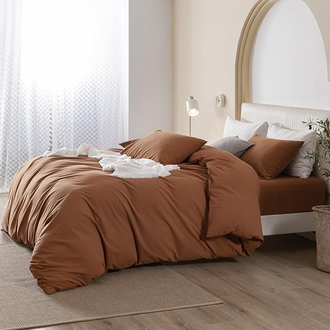 JIYUAN 100% Washed Cotton Duvet Cover Set 3 Pieces Super King, 1 Duvet Cover 108x98 Inches(Comforter Not Included) and 2 Pillowcases,Linen Feel Bedding Set Comfy and Breathable,Burnt Orange