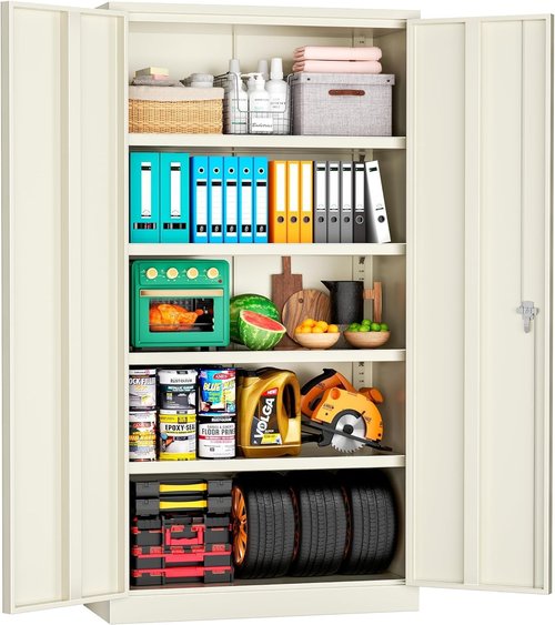 INTERGREAT Tall Metal Storage Cabinet - Locking Steel with 4 Adjustable Shelves | 72" Cream Gray for Office & Garage