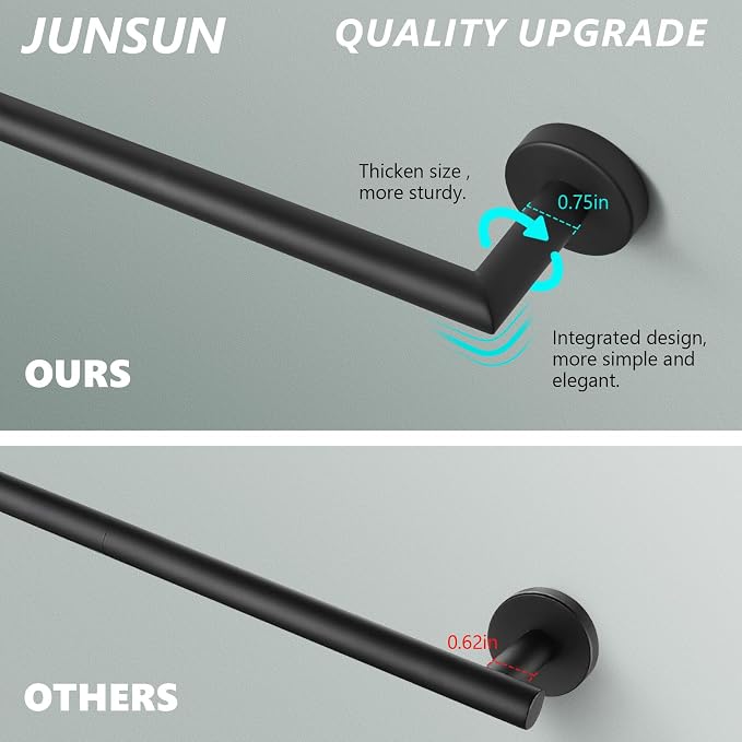 JunSun Bathroom Towel Bar 12 Inch Matte Black Towel Racks Wall Mounted Bath Hand Towel Holder Modern Home Decor Towel Rods Bathroom Hardware Stainless Steel Towel Hangers Towel Rail Single Towel Bars