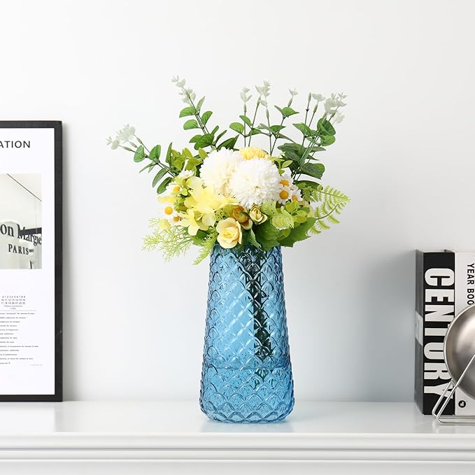 Glass Vase, Blue Flower Vase for Bouquet, Large Glass Vases for Flowers, Modern Vases for Living Room, Bedroom, Dining Table, Office, Kitchen, Wedding, 9 Inches