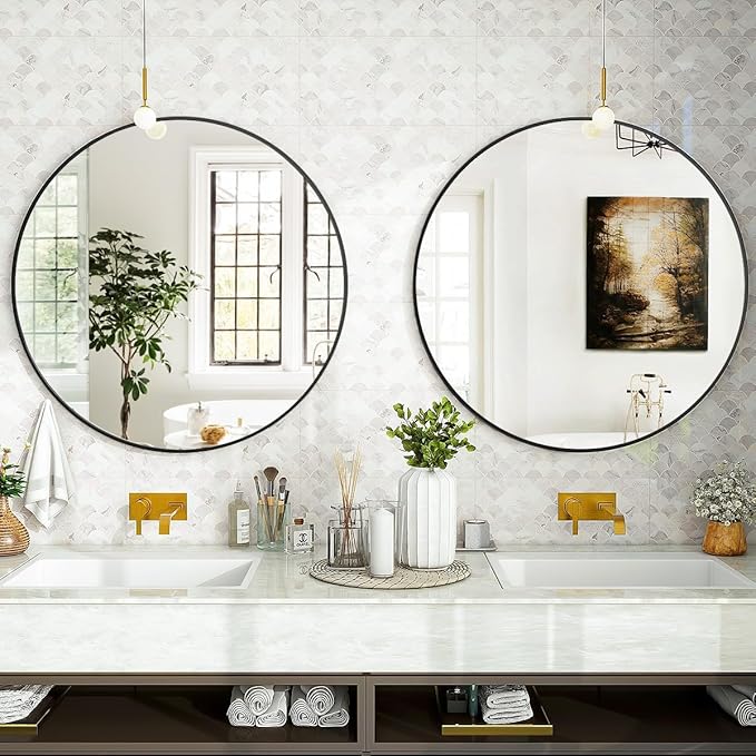 VooBang Black Round Bathroom Mirror, 24 inch Circle Wall Mounted Hanging Mirror with Simple Modern Circular Metal Frame for Hallway, Entryway, Living Room, Black Frame