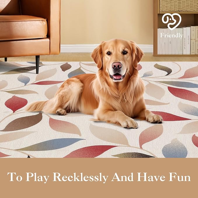 9x12 Area Rug Washable Boho Vintage Rug for Living Room Low Pile Soft Bedroom Rugs Non Slip Boho Indoor Large Carpet Thin Foldable Distressed Leaves Carpet for Nursery Dining Room Playroom, Beige Red