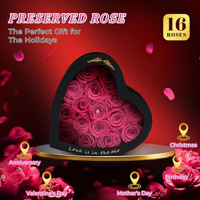 16 Pieces Forever Flower Heart Shape in a Box Preserved Blue Roses for Delivery Grade A Quality 100% Real Immortal Flowers Eternal Birthday for Her Mom Women Wife Girlfriends (Pink)