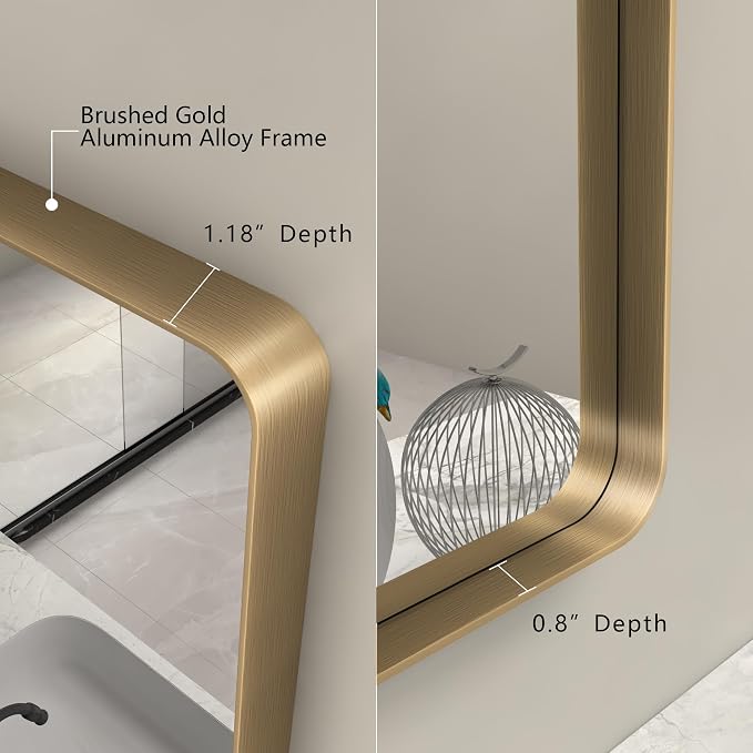 50x40 Inch Gold Bathroom Mirror, Rounded Rectangle Gold Frame Mirror, Brushed Gold Brass Bathroom Vanity Mirror Wall-Mounted, Anti-Rust, Hangs Horizontally or Vertically