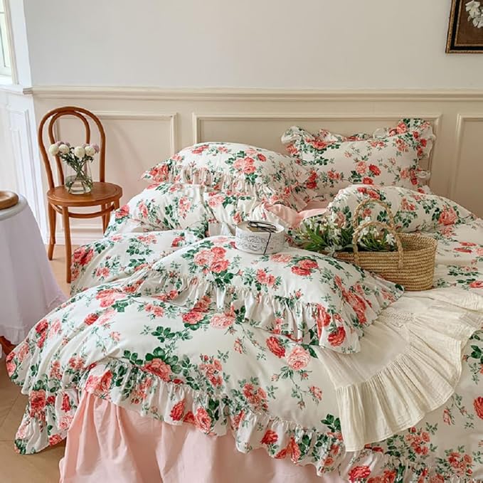 LifeTB Vintage Pink Floral Comforter Set Queen Girls Rose Flower Comforter Coquette Bedding Aesthetic Ruffle Comforter Set Soft Fluffy Cottagecore Bedding Set Farmhouse Boho Bed Comforter Queen Size