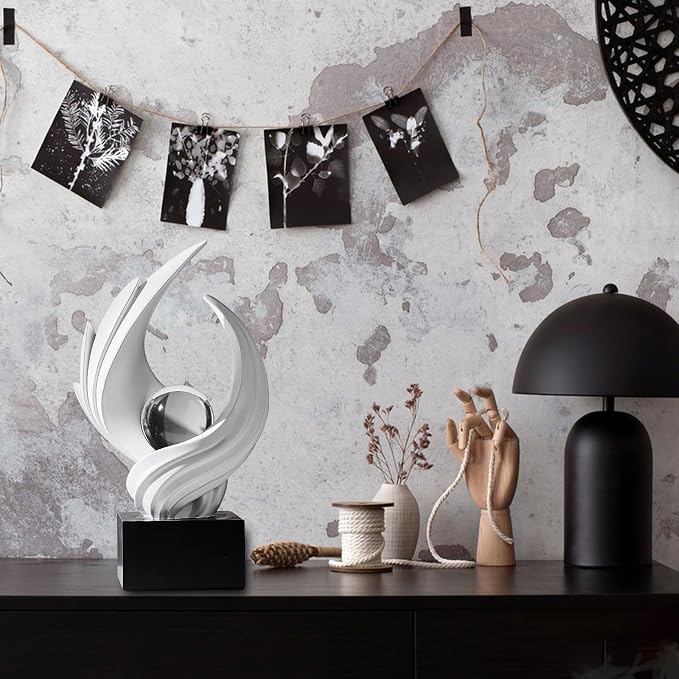 Modern Art Statue Decor, Abstract Swirl-Shaped Sculpture with Glass Ball Resin Art Figurines Centerpiece Sculptures for Home Decor Living Room Stand Coffee Table Office Bookshelf Decoration (white)