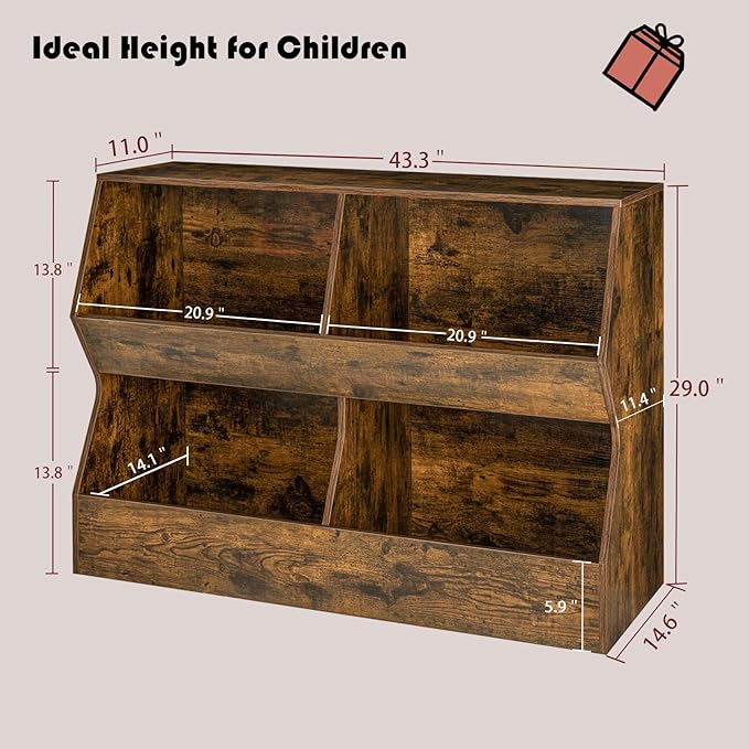 DINZI LVJ Kids Bookshelf, Toy Storage Organizer, Wooden Toy Storage Cabinet, 4 Cubby Children Bookcase, 43.3" L Toddler Book Shelf for Bedroom, Nursery, Hallway, School, Rustic Brown