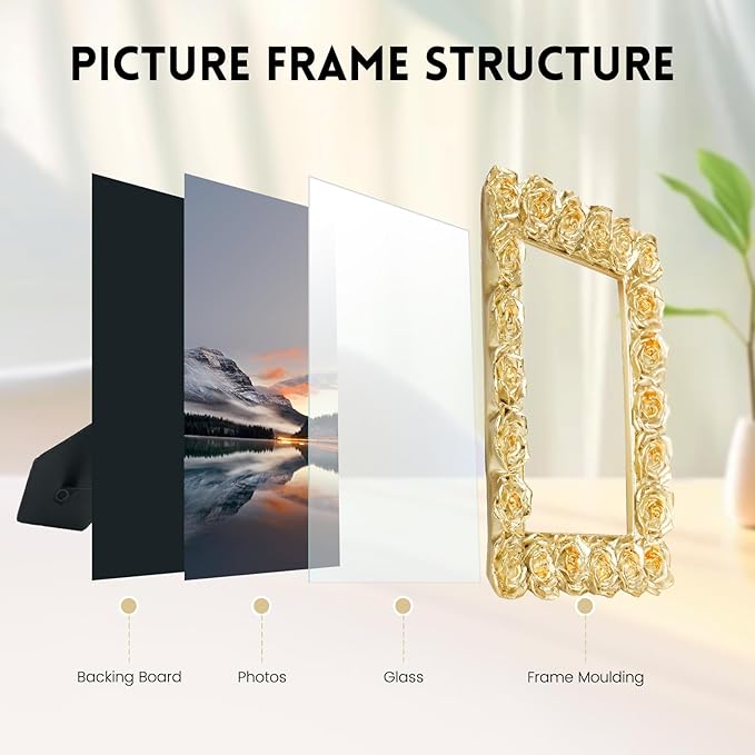 Rose 4x6 Picture Frame, Gold Vintage Antique Picture Frames with Glass Front, Elegant Retro Carved Ornate Photo Frame, Resin Photo Frames for Tabletop or Wall Hanging, Vertical or Horizontal Photos Display