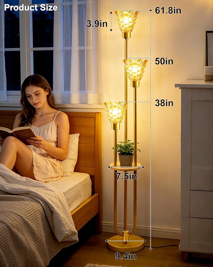 3-Light Modern Glass Floor Lamp with Shelf, Gold Tall Standing Lamp with Amber Flower Glass Shade, LED Floor Lamp with Foot Switch& 5Lbs Heavy Base for Living Room Bedroom, Bulb Included