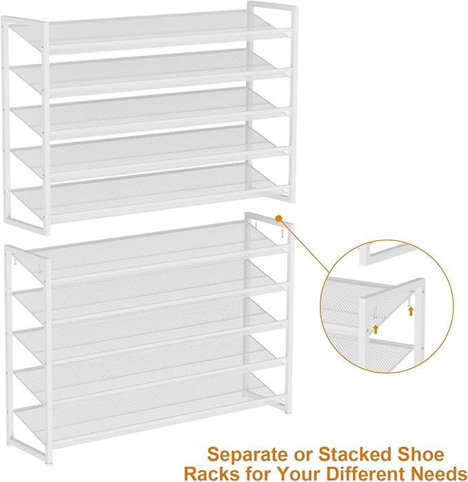 NEYCIL Large Shoe Rack 10 Tier Shoe Organizer, Heavy Duty Metal 5-Tier Stackable Shoe Storage Vertical Shoe Rack for Closet Front Door Entrance, Up to 62 Pairs, 44.8" W x 11.4" D x 71.2" H, White