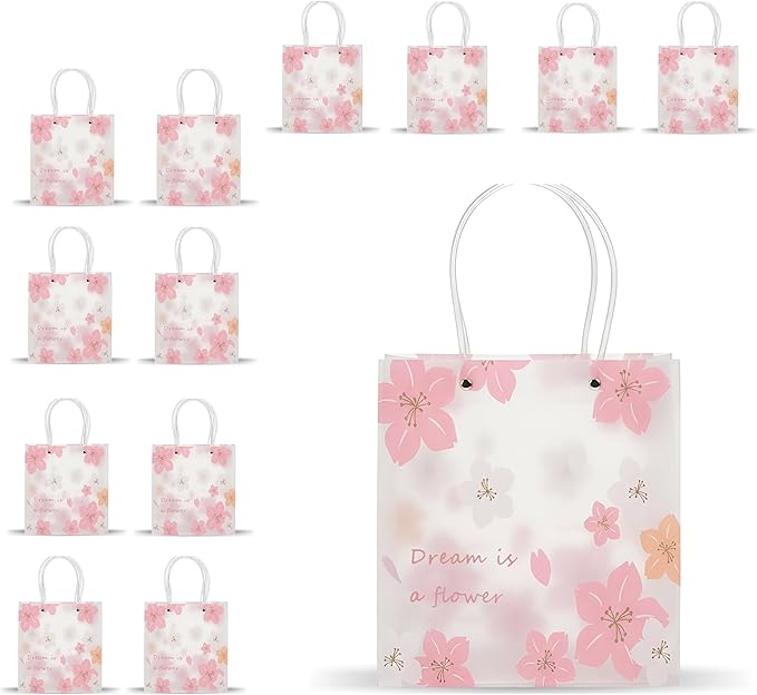12 Pack Gift Bags with Cherry Blossom Design, Floral Plastic Totes for Wedding Favors, Party Goodies & Gifts