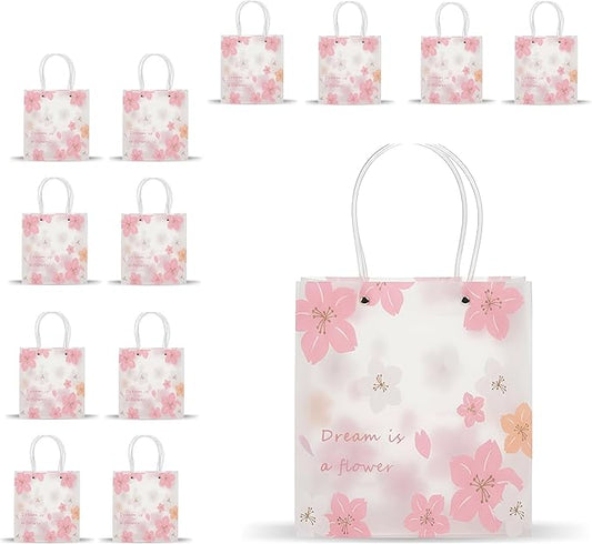 12 Pack Gift Bags with Cherry Blossom Design, Floral Plastic Totes for Wedding Favors, Party Goodies & Gifts