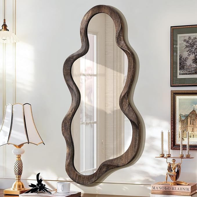 Asymmetrical Mirror for Wall Brown Irregular Wood Frame Modern Artistic Wall Mirror Decorative Vanity Bathroom Living Room Bedroom Entryway Hallway Cute and Stylish Cloud Mirror Large 36" x 20"