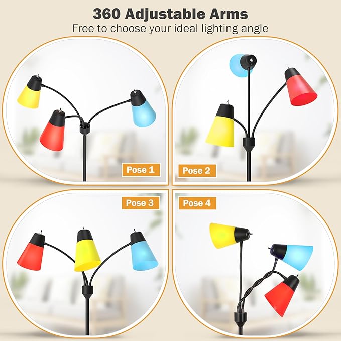 FOLKSMATE LED Floor Lamp, Medusa 3 Head Modern Adjustable Tall Standing Light for Living/Kids Room, Bedroom, Office, Dorm