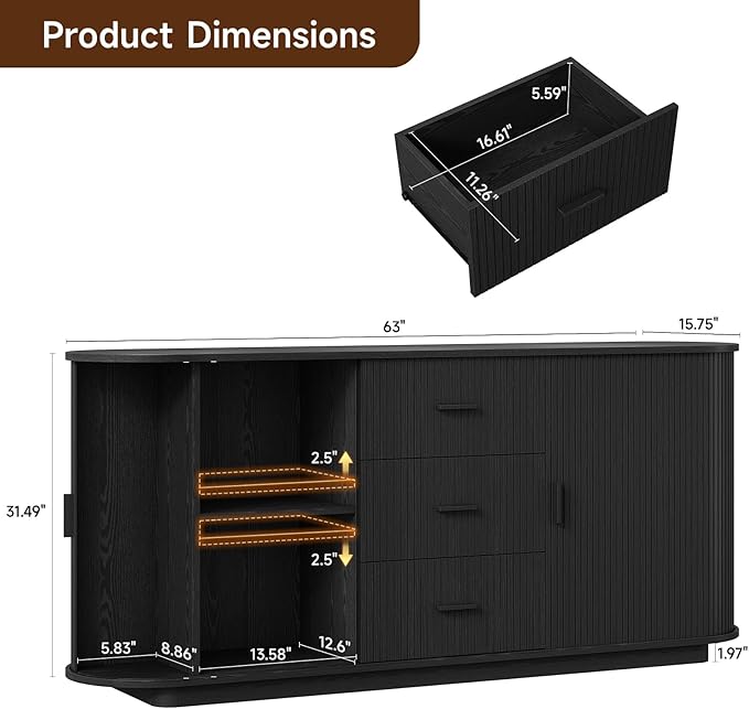 ONBRILL 63" Fluted Sideboard Buffet Cabinet with 3 Drawers & 2 Doors, Mid-Century Modern Buffet Sideboard Cabinet with Storage, Coffee Bar Table with Adjustable Shelf for Kitchen, Living Room, Black