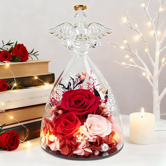 Christmas Rose Gifts for Women, 7" Red Preserved Roses Flowers in Glass Angel Figurine, Birthday Gift for Mom Wife Grandma, Eternal Rose for Mothers Day Valentines Anniversary