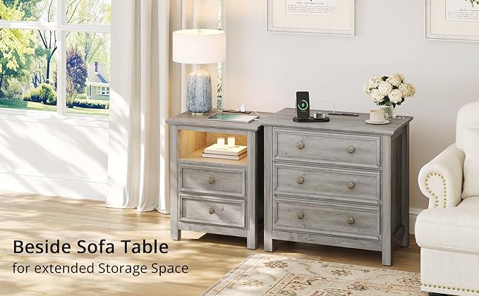LGHM Large Nightstand with Charger Station, Dressers for Bedroom with 3 Drawers, 25.6" Tall Chest of Drawers Closet Organizers & Storage Clothes -Textured Borders for Living Room, Hallway, Gray
