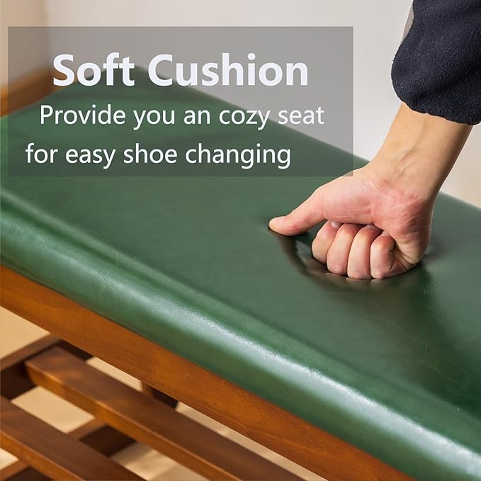 SOBIBO Solid Wood Shoe Bench, 2-Tier Entryway Bench with Cushion and Flip-Open Storage Box, Mid-Century Modern Shoe Bench Rack for Hallway, Mudroom(Green, 31.5'')