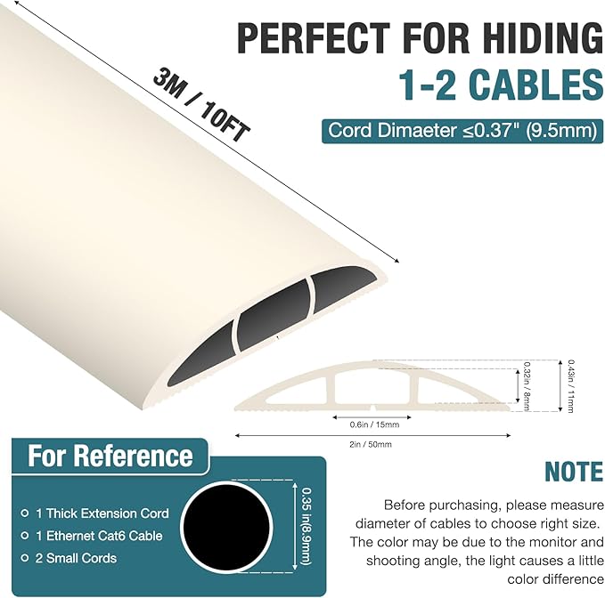 Floor Cord Cover, Cable Protector, 0.63W x 0.31H inches, Wire Cover for Extension Cords, Floor Cable Covers Prevent Cable Trips (Beige, 50-10 Feet)