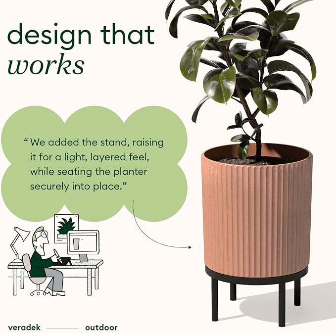 Veradek Demi Series Round Planter w/Stand for Porch/Patio | Durable Plastic-Stone Composite & Wooden Stand | Modern Décor for Tall Plants, Flowers