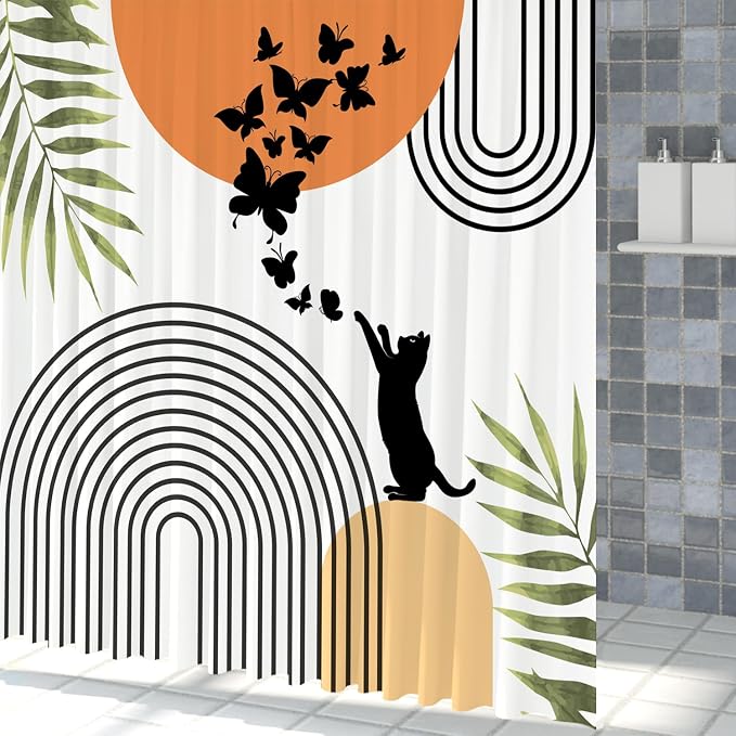 Mid Century Cat Shower Curtain Abstract Boho Geometric Minimalist Black Cat Butterflies Green Leaf Aesthetic Shower Curtain for Bathroom Decoration Accessories with Hooks 60x72 inch