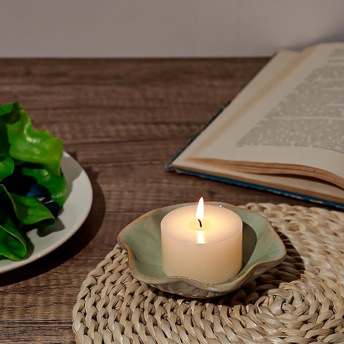 Koythin 2-Piece Ceramic Candle Holder, Aesthetics Candlestick Holders for Tea Lights, Lotus Leaf Shape Candle Stand for Mantle Table, Adorable Vintage Decor for Weddings Dining (Light Green)