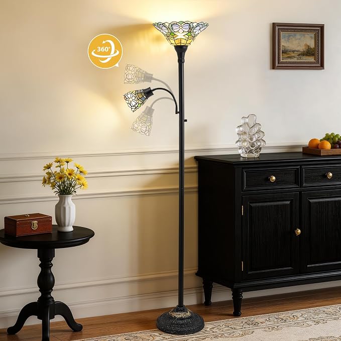 Luvkczc Tiffany Floor Lamp, Stained Glass Lamp Victorian Style with Adjustable Gooseneck Reading Lamp – 70" Tall Torchiere Floor Lamps for Living Room