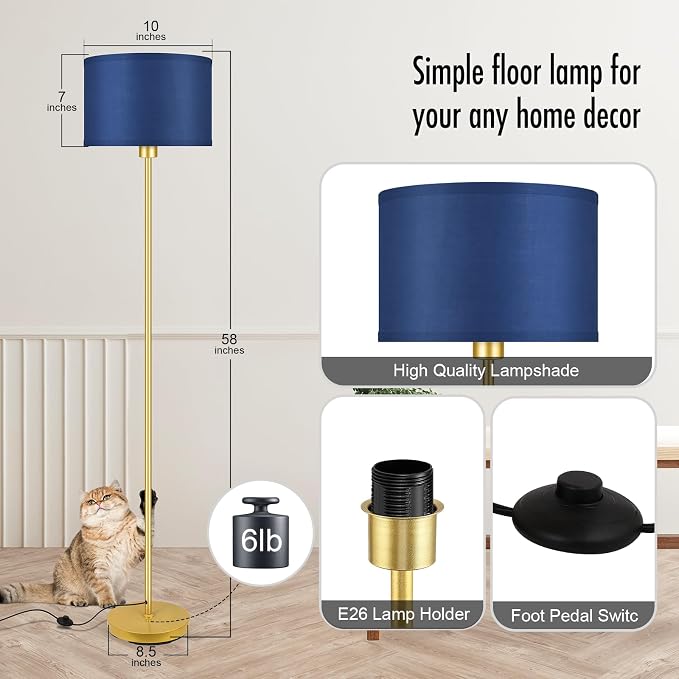 Floor Lamp Blue, Standing Lamp, Modern Stand Up Light with Lampshades, Foot Pedal, 59" Tall, Bright Pole Lamps for Living Room, Bedroom, Office, Nightstand, Kids' Gift, Gold Lamp(E26, Without Bulb)