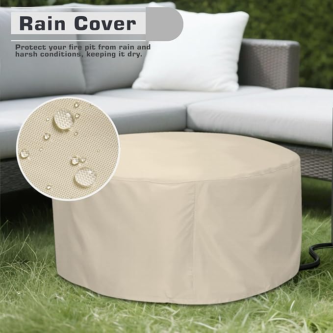 2-Piece 30" Round Propane Fire Pit for Outside Patio with Hidden Tank Table, 50,000 BTU Fireplaces with Wind Guard, Lid, Glass Rocks, Cover(Wood Grain Walnut)