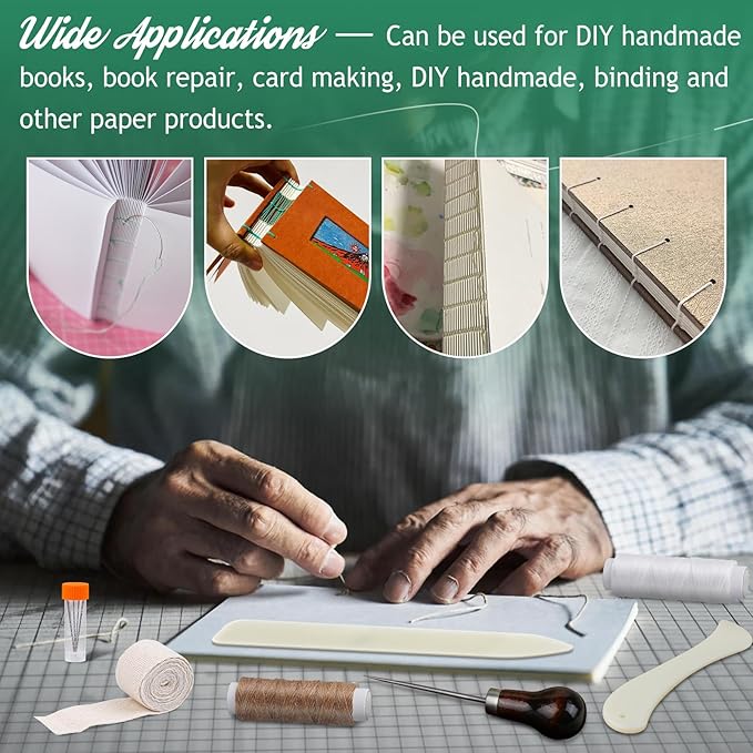 65 Pcs Book Binding Kits Book Binding Materials Bone Folder Tool Bookbinding Supplies with 10 Waxed Thread Paper Awl Binding Ribbon and Bag for Storage