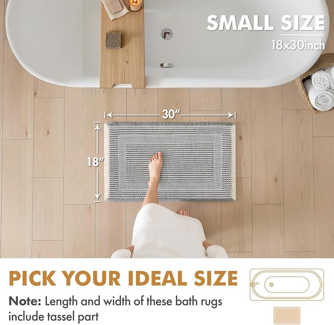 MIULEE Set of 2 Waffle Bathroom Rugs, Boho Bath Rug Super Absorbent, Non Slip Washable Ultra Soft Rubber Backed Shower Bath Mats for Floor, Tub, Shower, Looped Design, Lightgrey & Cream, 18x30 Inch