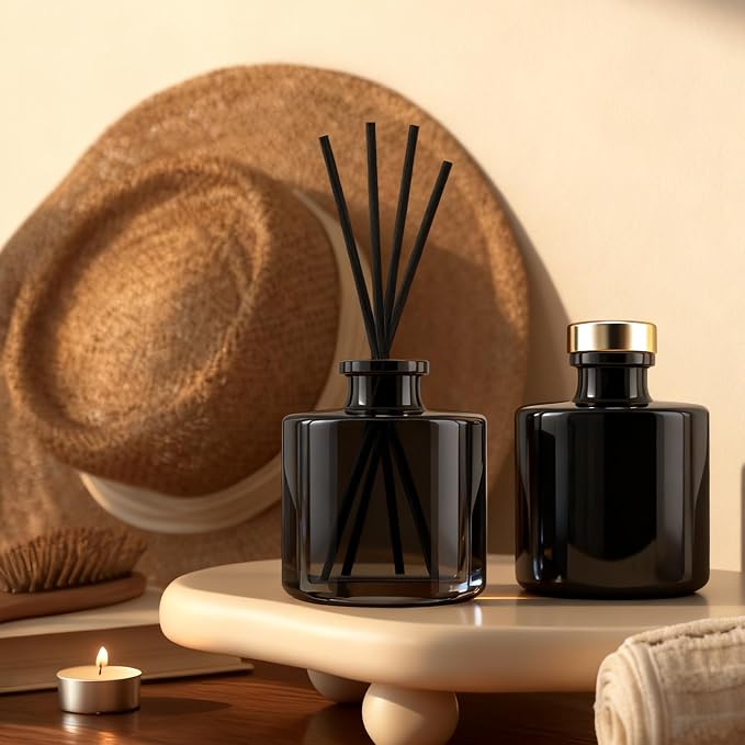 Black Glass Diffuser Bottles Round Diffuser Jars with Gold Caps Set of 4 – 2.95 inches High, 100ml 3.4ounce. Fragrance Accessories Use for DIY Replacement Reed Diffuser Sets.