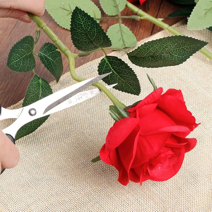 Mocoosy 12PCS Red Roses Artificial Flowers, Fake Roses with Long Stems Realistic Silk Rose Bouquets Wedding Centerpiece Decorations Faux Floral Arrangements Bridal Shower Party Home Office Table Decor