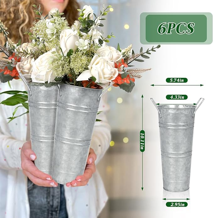 6pcs 9inch-Galvanized Metal Vases Farmhouse French Flowers Bucket Vase with Handles Rustic Tin Flower Holder for Cut Plants Housewarming Gift for Balcony Garden Courtyard