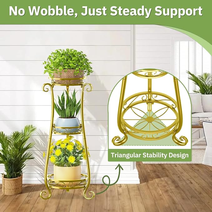 KMOTASUO 3 Tier Metal Plant Stand for Multiple Large Planters Indoor Outdoor Organizer, Heavy Duty Tall Flower Rack for Corner Patio Bathroom Office Corner, Modern Sturdy Vertical Iron Rack, Gold