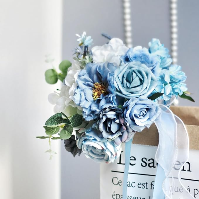 Dusty Blue Wedding Bouquets for Bride Bridesmaid,White Navy Blue Artificial Fake Silk Roses Flowers Bridal Bouquets for Wedding Boho Rustic French Vintage Church Decoration Toss Bouquet (8.6in(M))
