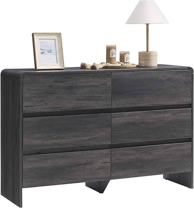 AMERLIFE 6 Drawer Dresser for Bedroom, 49" Wide Modern Chest of Storage Drawers with Rounded Corners, Anti-Tip Kit, Wood Cabinet Organizer for Closet, Living Room, Nursery, Easy Assembly, Black