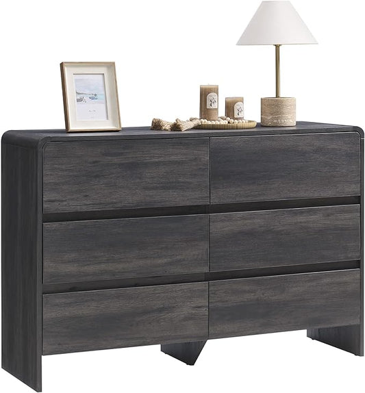 AMERLIFE 6 Drawer Dresser for Bedroom, 49" Wide Modern Chest of Storage Drawers with Rounded Corners, Anti-Tip Kit, Wood Cabinet Organizer for Closet, Living Room, Nursery, Easy Assembly, Black