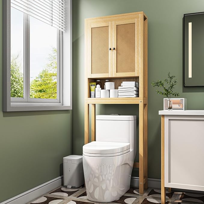 knoworld Rattan Over The Toilet Storage Cabinet, Above Toilet Bathroom Organizer with Adjustable Shelf, Behind Toilet Cabinet, Space Saver for Restroom, Bathroom, Laundry, Wood Rack, Natural